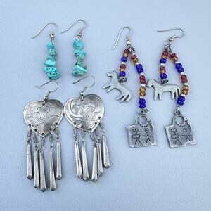 Southwest Silver Tone Heart Fringe Earrings Lot Western Horse Glass Turquoise